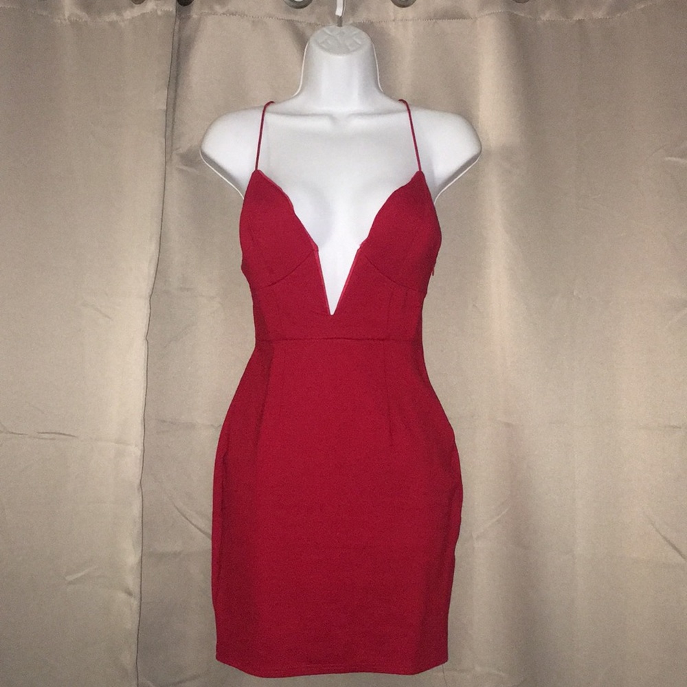 Red Spaghetti Strap Mini Dress - Deep V Neck